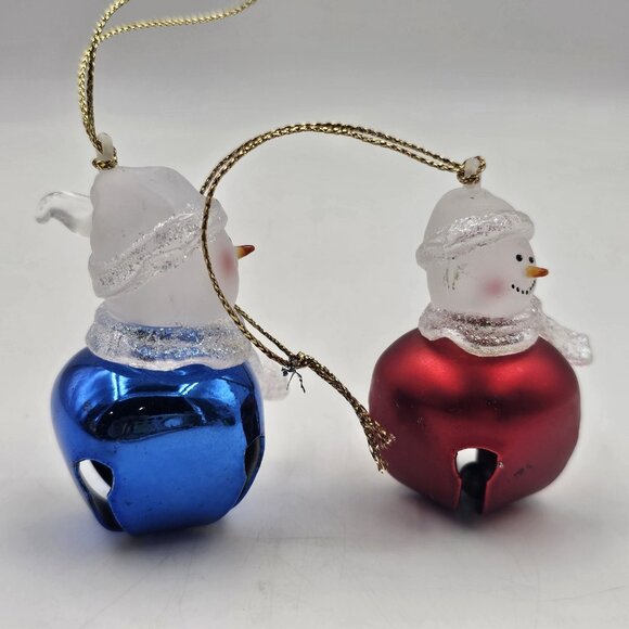 Glass Snowman On Bell Christmas Ornaments Holiday Decor Red Blue 2.25" Lot of 2 - Picture 2 of 6
